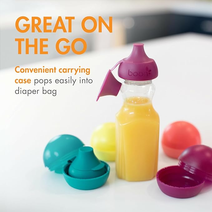 Boon Snug Sip Universal Water and Juice Silicone Bottle Toppers - Soft Spout Conversion Caps with Spill Proof Valves - Silicone Bottle Covers for Travel - Includes 4 Toppers and 4 Cases
