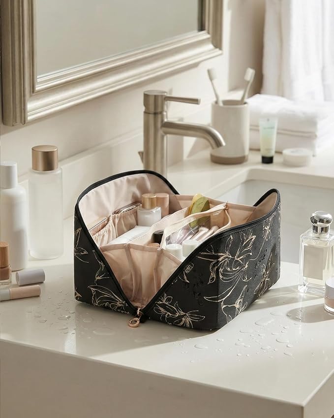 EACHY Travel Makeup Bag,Large Capacity Cosmetic Bags for Women,Waterproof Portable Pouch Open Flat Toiletry Bag Pattern Makeup Bag (F-Black-Large)