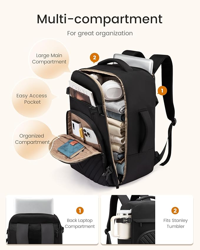 LOVEVOOK 40L Travel Backpack for Women Men, TSA Personal Item Travel Bag Fits 17.3inch Laptop, Waterproof Airline Approved Carry On Luggage With 2 Cubes for Weekender Hiking Business, Dark Grey