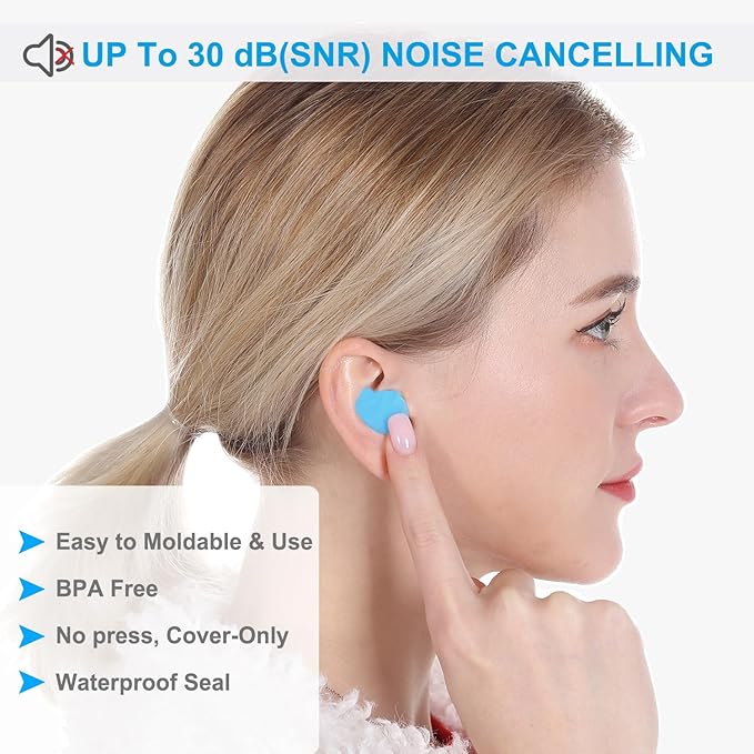Ear Plugs for Sleeping, 20 Moldable Noise Cancelling Silicone Earplugs for Swimming, Snoring, Sleep and Studying, Blue