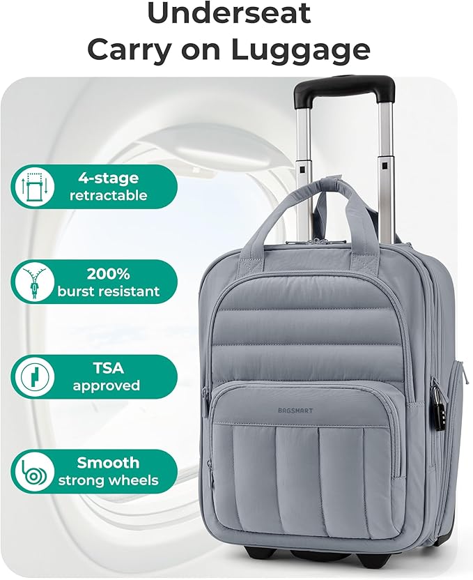 BAGSMART Small Underseat Carry on Luggage with Wheels, 16 inch Small Under Seat Luggage, Lightweight Travel Suitcase for Women, Dark Gray