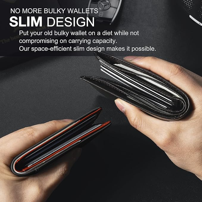 GSOIAX Slim Wallet for Men Rfid Blocking Leather Bifold Front Pocket Carbon Fiber Credit Card Holder Novelty Wallets With Gift Box (Black and Red)