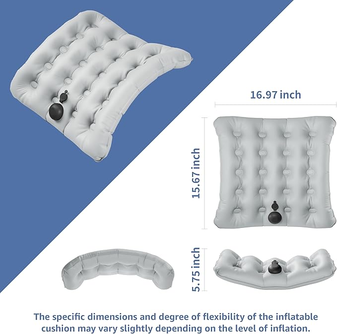 Lumbar Support Pillow, Inflatable Seat Cushion, Lightweight Car Back Cushion, Portable Chair Seat & Back Cushions for Office, Flight, Workplace, Gray Stadium Cushions with TPU