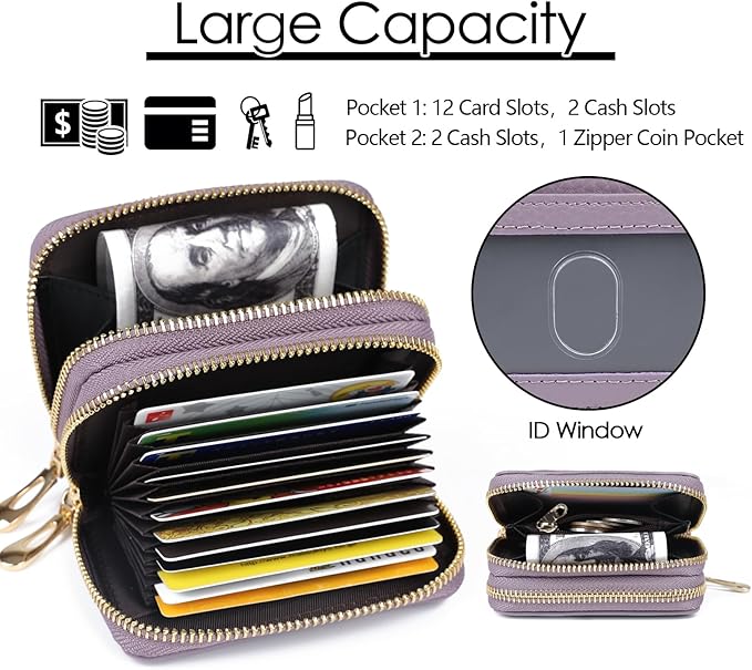imeetu RFID Credit Card Holder, Small Leather Zipper Card Case Wallet for Women
