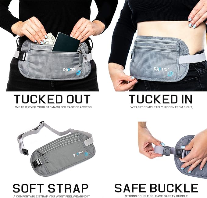 Money Belt For Travel – RFID Blocking Waist Pouch Passport Holder Wallet Belt – Waterproof Hidden Travel Fanny Pack For Men & Women – Secure, Lightweight, Adjustable Strap – Gray