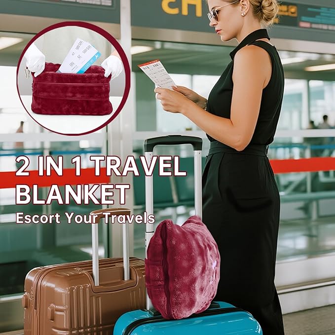 Travel Blanket and Pillow-2-in-1, Ultra-Soft&Compact,Airplane Blanket with Hand Luggage Belt and Backpack Clip,Travelers Accessories Gifts, 61x43 Inches（Burgundy）