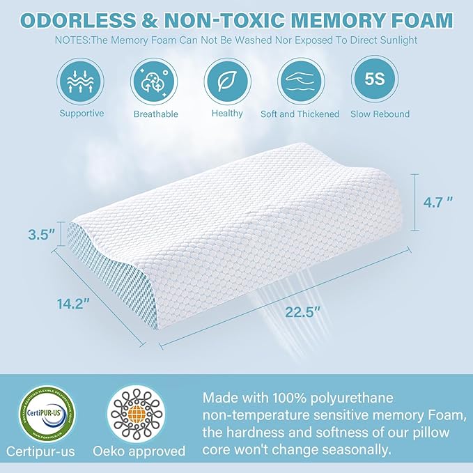 Memory Foam Pillows 2 Pack Neck Pillow - Neck Support Pillow for Pain Relief, Ergonomic Cervical Pillow for Sleeping, Orthopedic Contour Bed Pillow for Side, Back, Stomach Sleepers,Blue
