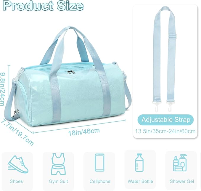 BTOOP Duffle Bag for Girls Kids Gym Sports Women Workout Travel Bag Weekender with Shoe Compartment and Wet Pocket (Blue)