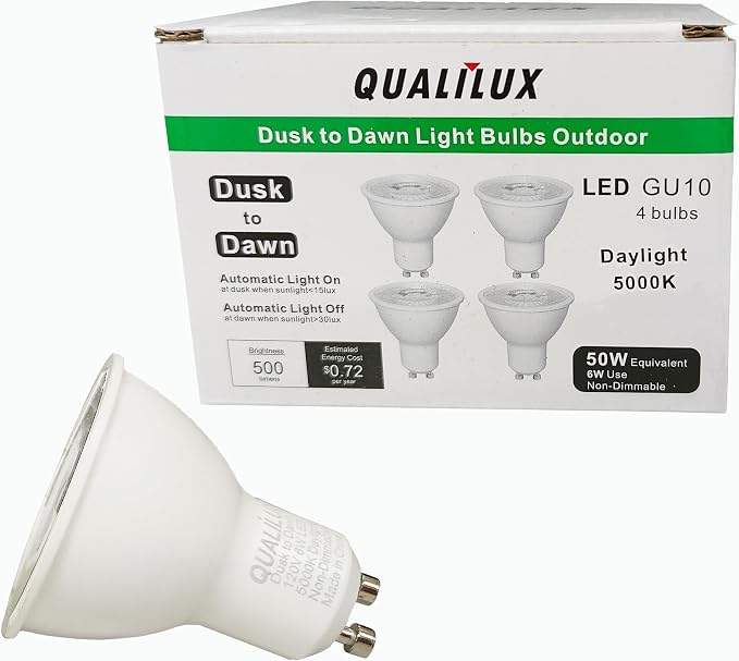 Qualilux Dusk to Dawn Light Bulbs, Auto On/Off Light Sensing LED Bulbs Outdoor,Daylight, MR16 GU10 4-Pack, 6W 500LM 50W Equivalent, HQ-H045
