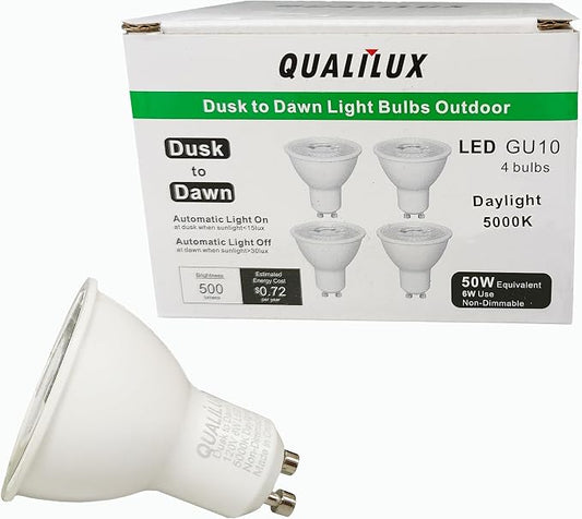 Qualilux Dusk to Dawn Light Bulbs, Auto On/Off Light Sensing LED Bulbs Outdoor,Daylight, MR16 GU10 4-Pack, 6W 500LM 50W Equivalent, HQ-H045