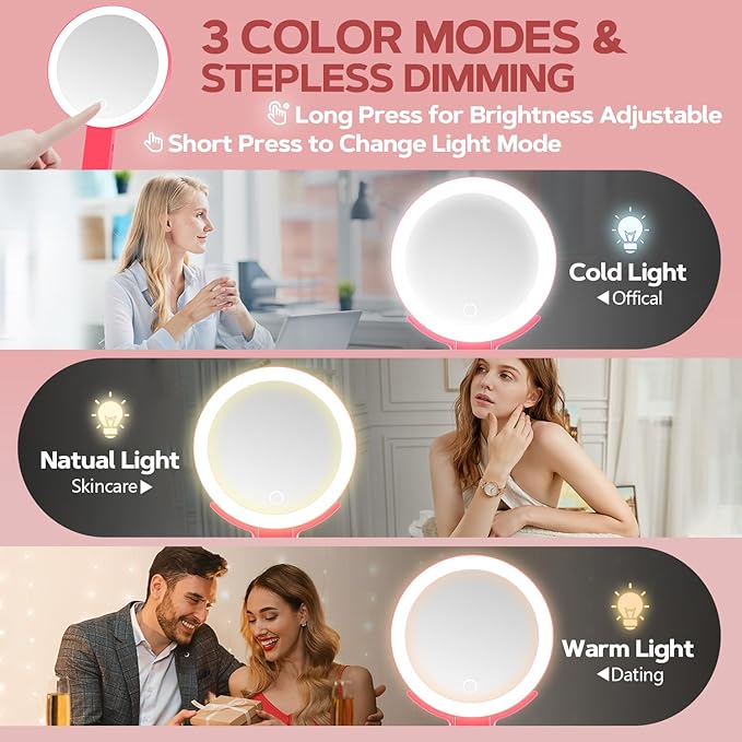 MIYADIVA Lighted Makeup Mirror, 30X Magnifying Mirror with Light, Hanging and Handheld Mirror with Handle, Red