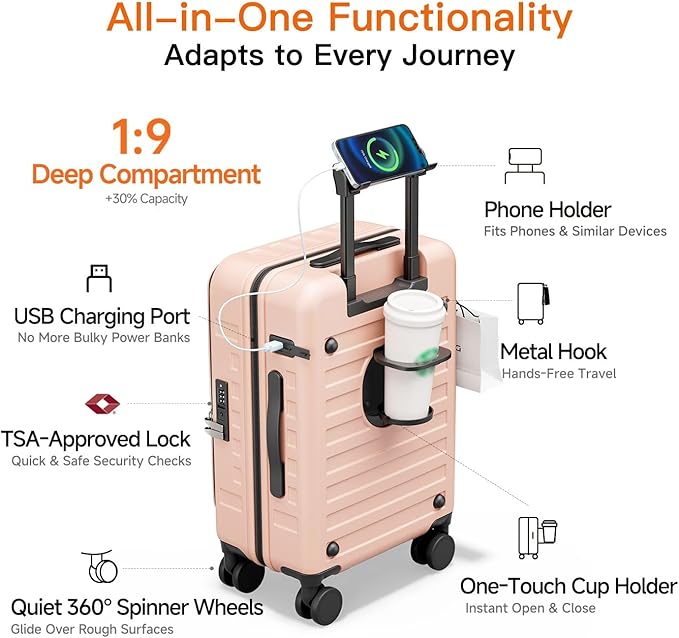 Expandable Lightweight PC Hard Shell Suitcase, 20-inch Luggage with TSA Lock, Top Opening & Cup Holder - Ideal for Business Travel Suitcase (Pink, Carry-on 20-Inch)