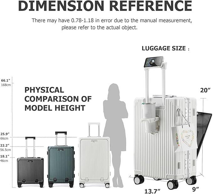 feilario Aluminium Frame PC Hard Shell Spinner Wheels Luggage,20.8"X15"X8.7 Airline Approved Built-In TSA lock Carry on Suitcase, with Cup Holder, USB Port, Phone Holder