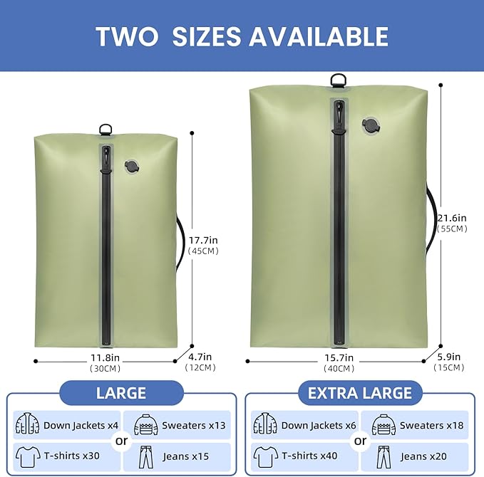 BAGAIL TPU Vacuum Bag for Travel, Reusable Compression Bag with IPX8 Waterproof Zipper, Save Space for Suitcase, Backpack and Carry on (Green, Large, No Pump)