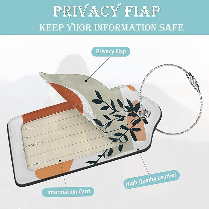 Luggage Tags for Suitcase,2 Pack Boho Sun Leaves Luggage Tag Abstract PU Leather Privacy Cover ID Label with Stainless Steel Loop for Women Men Teens Travel