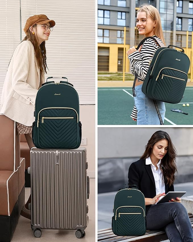 LOVEVOOK Laptop Backpack Purse for Women, Work Business Travel Computer Bags, College Nurse Backpack for Womens, Quilted Casual Daypack with USB Port, Fit 15.6 Inch Laptop, Deepgreen