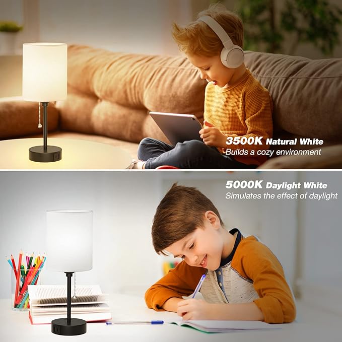 Bedside Table Lamp for Bedroom Set of 2, Small Desk Lamp with USB Ports | USB A+C Ports, AC Outlet, 3 Color Temperatures, LED Bulb Included, White Fabric Shade, Matte Black Base, 14" Tall, 2-Pack