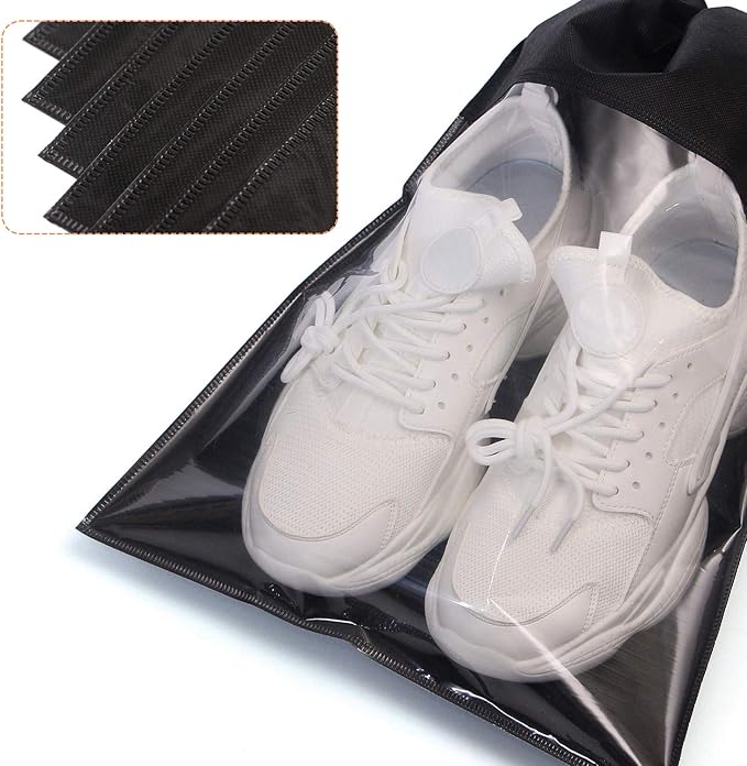 12 Pack Portable Shoe Bags for Travel Large Shoes Pouch Storage Organizer Clear Window with Drawstring for Men and Women Black