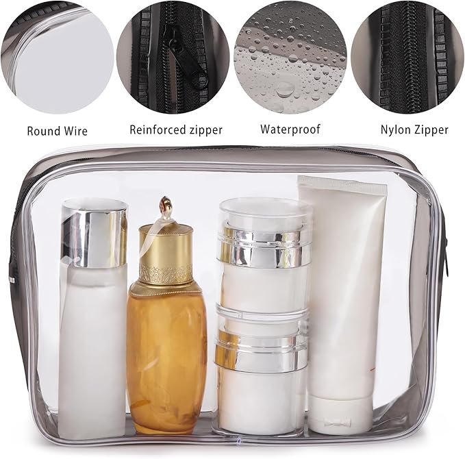 Tbestmax 10 Pack Clear Cosmetic Bags Makeup Bags Portable Waterproof TSA Approved Travel Toiletry Bags Large Organizer Matte Black, 9" x 6.3" x 2.6"