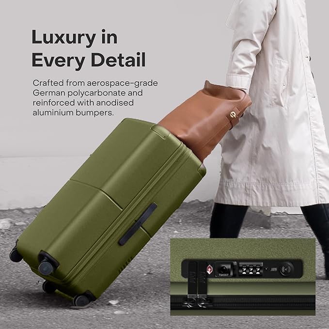 Checked Plus with CaseSafe - 28.75" Trackable TSA Lock Airline Approved Check In Luggage with Wheels, Rolling Suitcase for Men & Women - Silent Spinner Wheels, Y-Strap - Moss