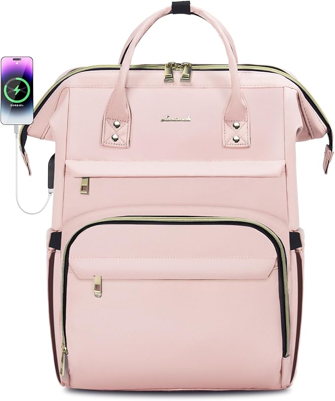 LOVEVOOK Laptop Backpack for Women,17 Inch Professional Womens Travel Backpack Purse Computer Laptop Bag Nurse Teacher Backpack,Waterproof College Work Bags Carry on Back Pack with USB Port, Pink