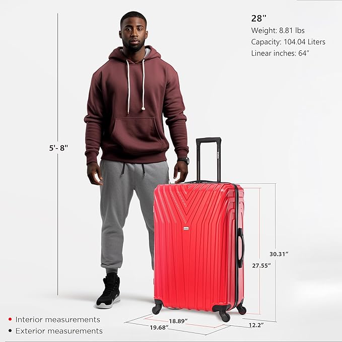 InUSA VASTY Luggage with Spinner Wheels | Durable Lightweight Hardside Suitcase, Travel Bag with Handle and Trolley, 28-Inch Large Checked Luggage | Red