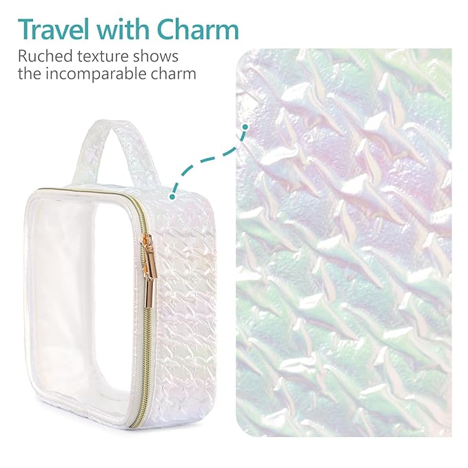 PACKISM TSA Approved Toiletry Bag 3 Medium, 3-1-1 Compliant Clear Makeup Bag with Handle, Quart Size Toiletry Bags Fit Carrv-on Travel Essentials, Water Resistant PVC, Ruched Colorful White