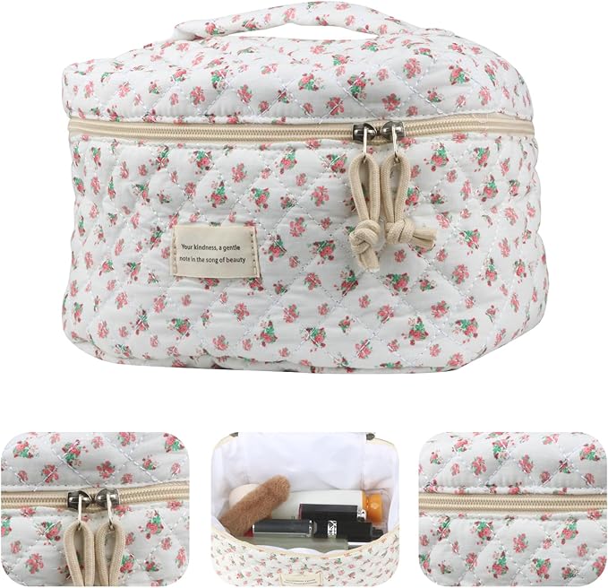 Cute Makeup Bag for Women(2 Pcs), Travel Cosmetic Bags, Quilted Coquette Aesthetic Floral Toiletry Organizer Bag (42 - Red Rose/4PCS)