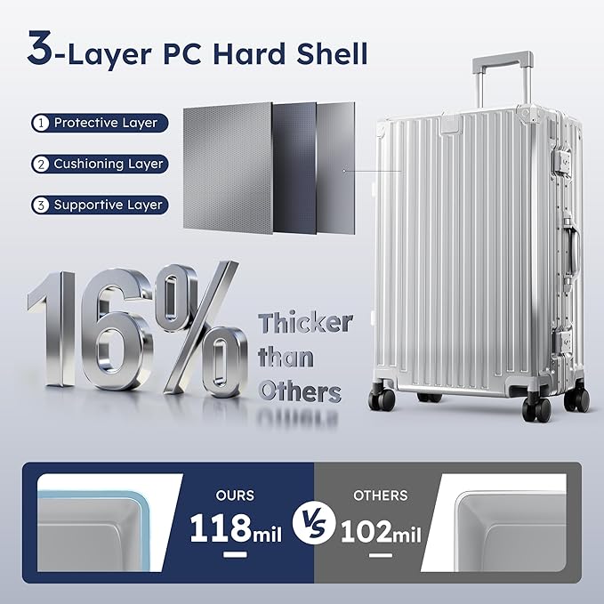 ALPHA CAMP 24 Inch Check-in Luggage, Dual Layer Aluminum Frame Luggage with TSA Spinner Wheels，3-Layer PC Hard Shell Zipperless Hardside Travel Suitcase，Type-C USB Charging Port, Cup Holder