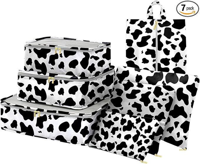 7 Set Packing Cubes Travel Luggage Organizers for Suitcase Travel Accessories with Shoe Bag for Women Girls Aesthetic Cute-Black White Cow Pattern