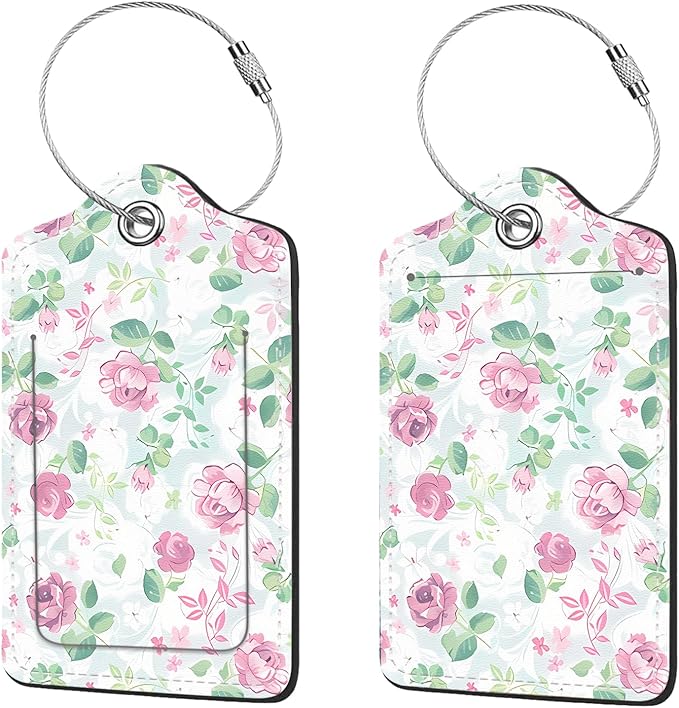 2 Pcs Luggage Tags for Suitcase, Cute Unique PU Leather Travel Bag Tag with Privacy Cover ID Label Address Card and Durable Metal Ring Suitable for Men Women Children Backpack,Flower A