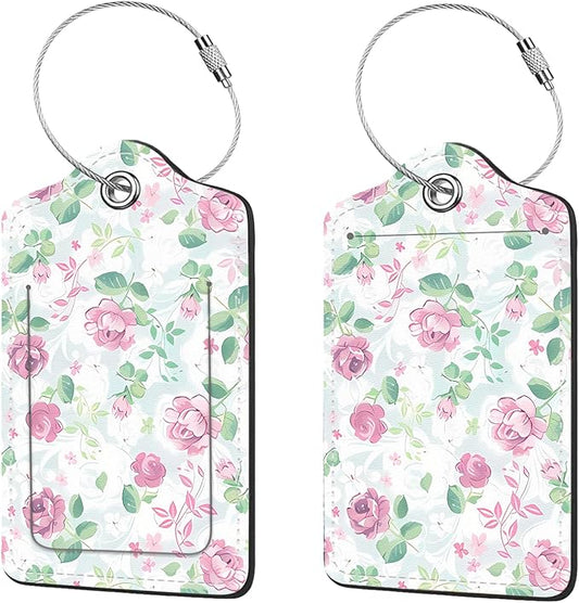 2 Pcs Luggage Tags for Suitcase, Cute Unique PU Leather Travel Bag Tag with Privacy Cover ID Label Address Card and Durable Metal Ring Suitable for Men Women Children Backpack,Flower A