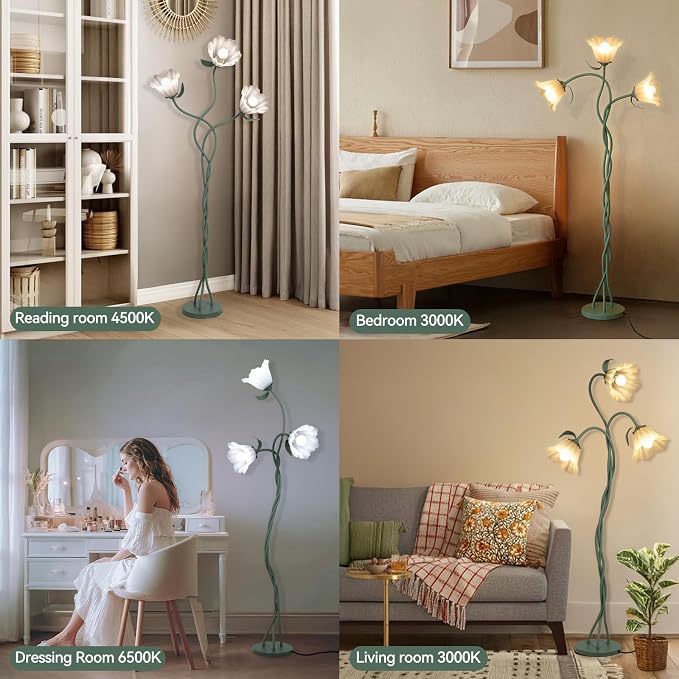 Vintage 3 Heads Flower Floor Lamp with Adjustable Gooseneck Corner Standing Tall Floor Lamp 3 Color Modes for Living Room Bedroom Reading Decoration Vine Floral Lamp with Lily of The Valley