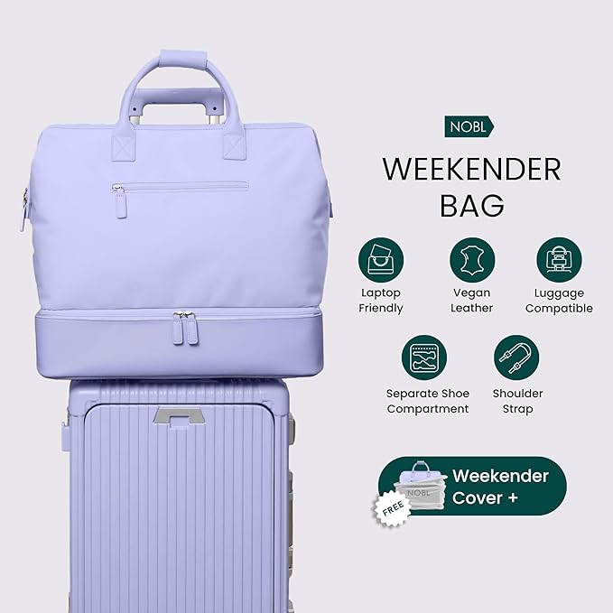 NOBL Travel Weekender Bag for Women & Men, Large Duffel Carry-On Tote with Trolley Sleeve, Separate Shoe Compartment & Laptop Pocket, Leather Overnight Bag for Airplane, Gym, Road Trips - Lavender
