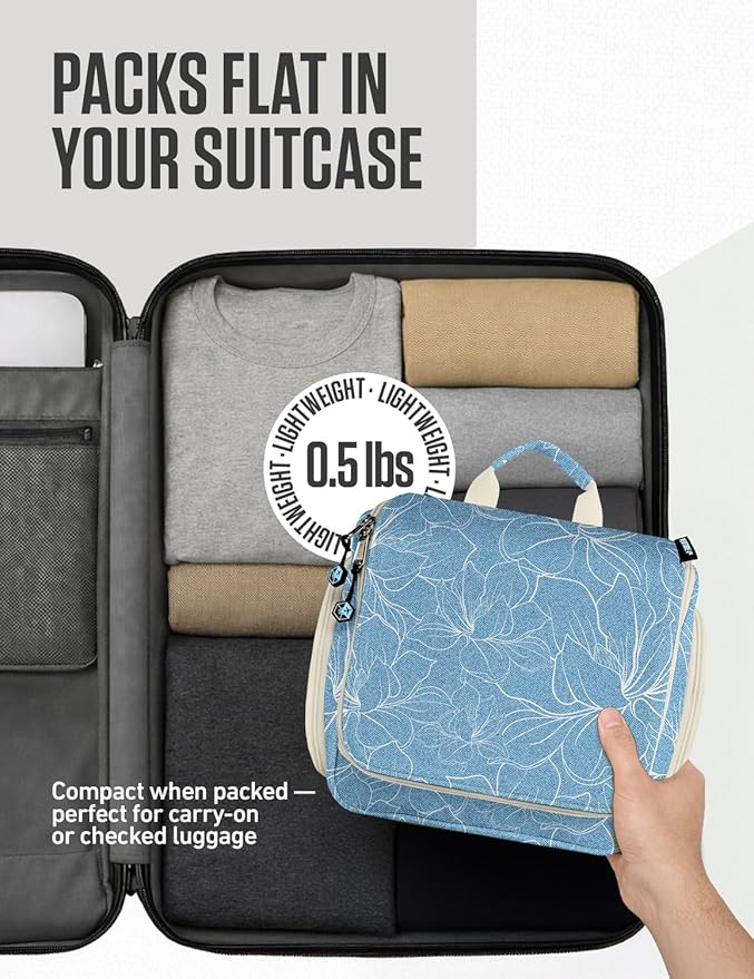 VENTURE 4TH Hanging Travel Toiletry Bag for Women & Men – Large Toiletry Organizer with 17 Compartments, Removable TSA Pouch, Travel Wash Bag for Toiletries, Makeup & Shaving Kit (Blue Flowers)