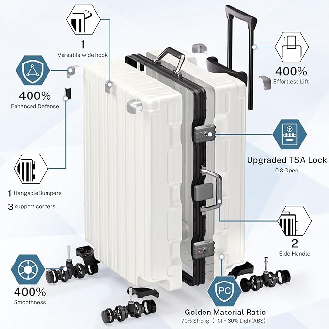 Krute Aluminum Frame Luggage 28 Inch Checked Suitcase with Spinner Wheels TSA Approved No Zipper Hard Shell Luggage PC+ABS Travel Suitcase