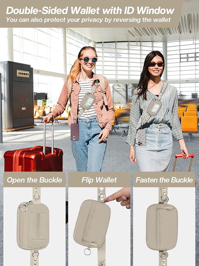 Tiostep Clip and Go Strap for Phone with Wallet Crossbody Phone Lanyard Adjustable and Detachable RFID Wristlet Wallet with ID Window and Zipper, Khaki