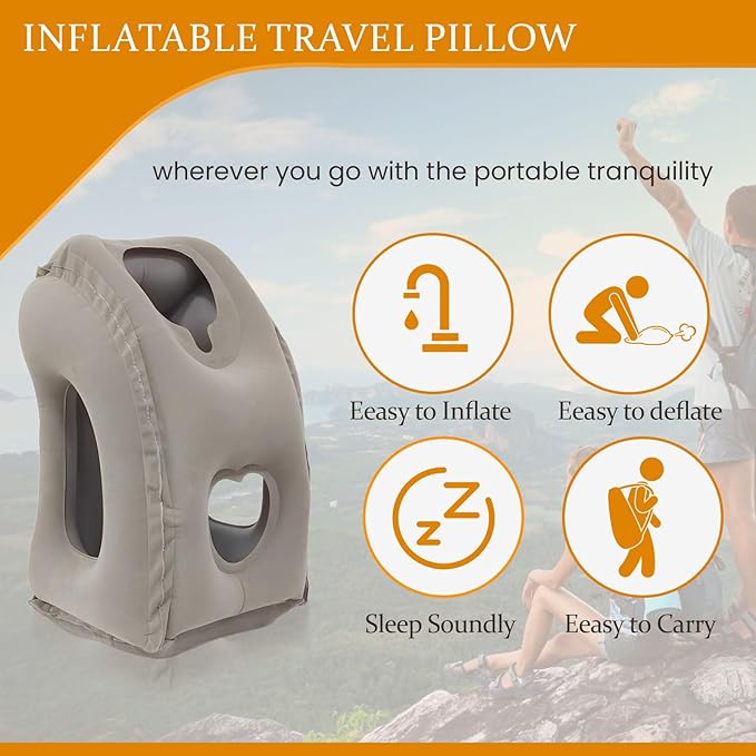 Inflatable Travel Pillows for Airplane, Blow Up Neck Pillow for Sleeping for Long Flight Support Neck,Head & Shoulder, Used for Travelling Car/Airplane/Office Nap-Comes with Eye Mask and Earplugs_Gray