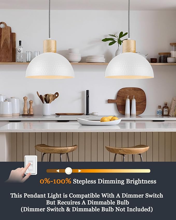 ELYONA 2 Pack Hammered Pendant Lights, 12" Modern Metal Dome Hanging Lamp Solid Wood Pendant Light Fixtures for Kitchen Island, Farmhouse, Dining Room, Sink, Bedroom, Hallway, Japandi White