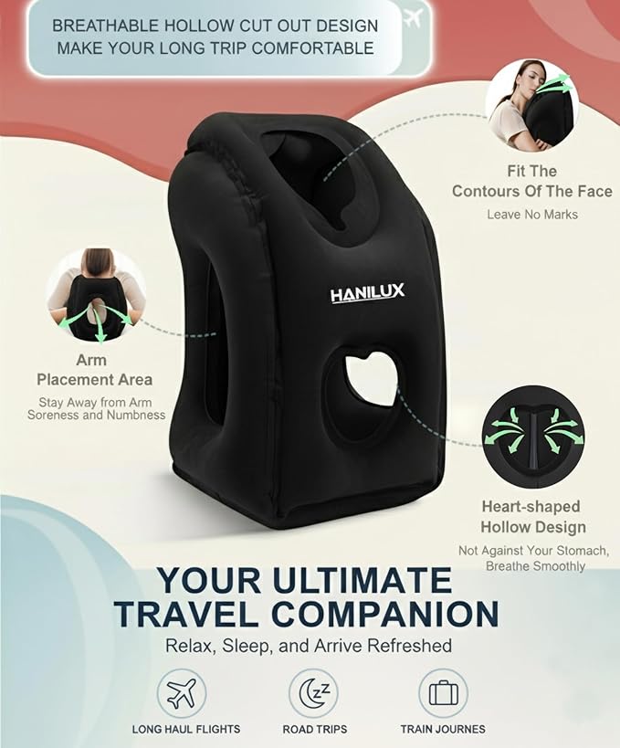 Inflatable Travel Pillows for Airplanes, Blow Up Travel Pillow for Train Office Car with Chin and Neck Support, Inflatable Travel Pillow for Sleep Support with Eye Mask,Storage Bag & Earplugs (Black)