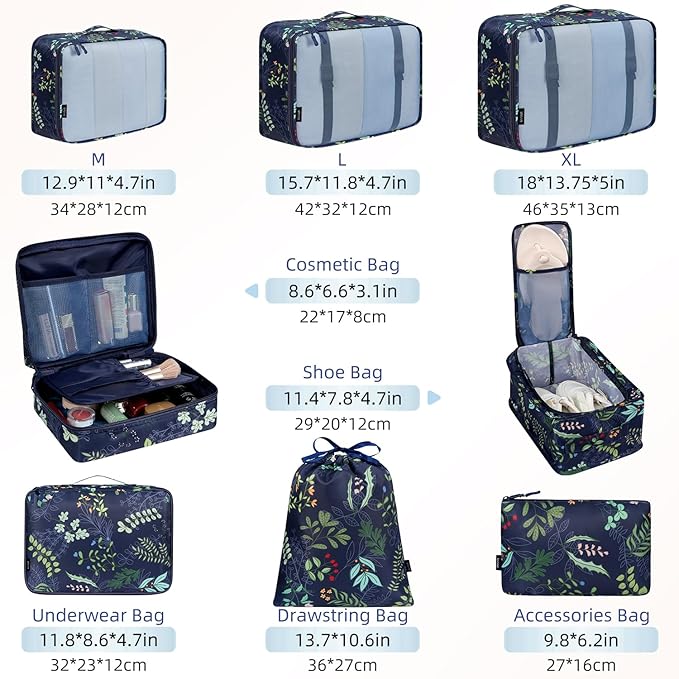 BAGAIL 8 Set Packing Cubes Luggage Packing Organizers for Travel Accessories-Navy Leaf