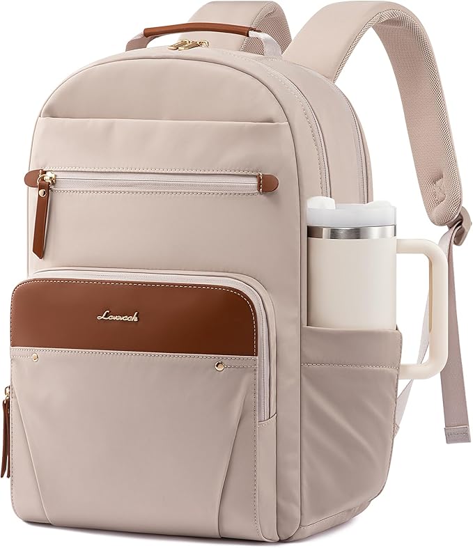 LOVEVOOK Laptop Backpack for Women with Leather Trim & Tumbler Pockets, 17.3" Work Backpack Purse, Travel Personal Item Bag, Carry On Business Computer Bag for Office, School, or Gift, Apricot Brown
