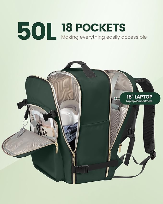 LOVEVOOK Travel Backpack for Women & Men 50L,Airline Approved Carry On Backpack Travel Essentials,TSA Carry on Luggage,Waterproof Personal Item Travel Bag Suitcase,3 Packing Cubes,Dark green-Black-1