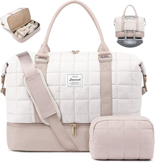 LOVEVOOK Travel Duffel Bag - Versatile Weekender Bag for Women, Puffer Carry On & Overnight Bag for Short Trips, White/Nude
