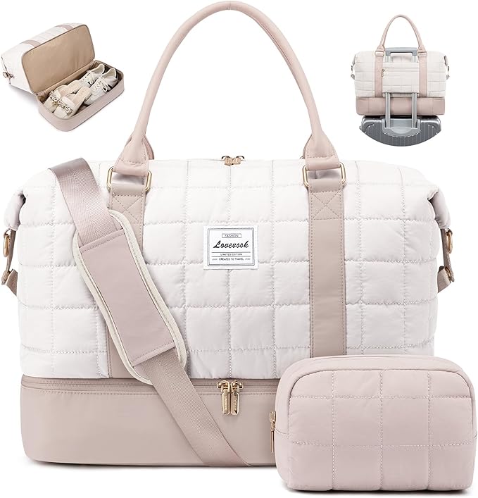 LOVEVOOK Travel Duffel Bag - Versatile Weekender Bag for Women, Puffer Carry On & Overnight Bag for Short Trips, White/Nude