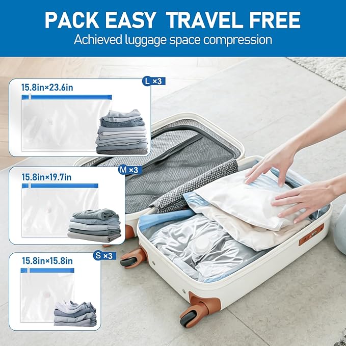 VMstr 9 Pack Travel Vacuum Storage Bags with USB Pump, Vacuum Packing Seal Bags for Luggage, Carry-on Size Space Saver for Clothes and Clothing Travel