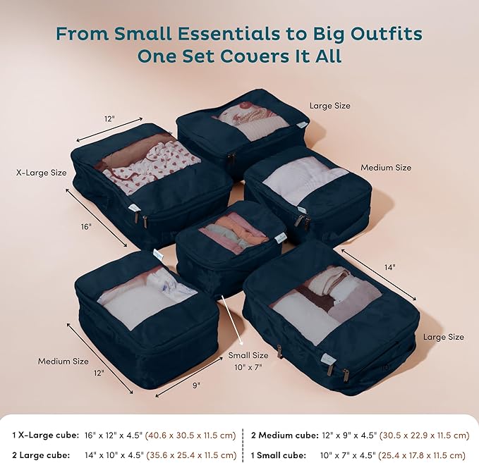 6-Pack Large Compression Packing Cubes for Travel - Lightweight Compression Packing Cube Set, Water-Resistant Luggage Organizer Bags & Suitcase Organizers, Travel Cubes for Carry-On, Checked Luggage