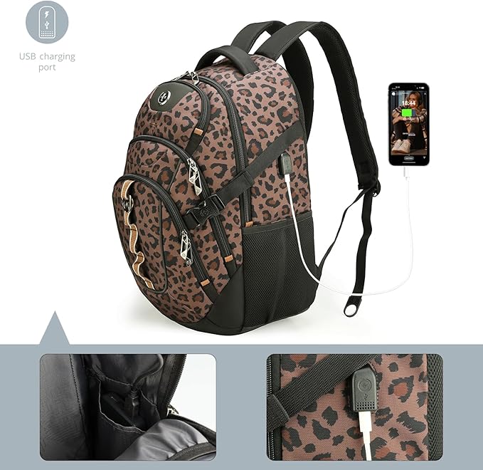 Swissdigital Laptop Backpack with USB Charging Port, Travel Backpack Fits 15.6 inches Computer, 31L Backpack for Men and Women, Brown Leopard | SD803-103