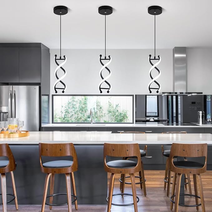 CANEOE Spiral Modern Pendant Light Fixture, 5500K Cold White Black LED Hanging Lamp, Adjustable Height Black Kitchen Island Light Fixture for Dining Room Bedroom Kitchen Sink ((Black, 5500K, 2 Packs)