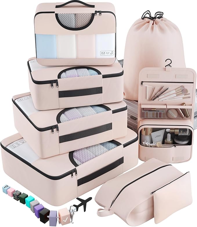 8 Set Packing Cubes for Luggage,Suitcase Organizer in 4 Sizes with Hanging Toiletry Bag and Large Laundry Bag, Carry-On Luggage with Accessories Bag, Cream